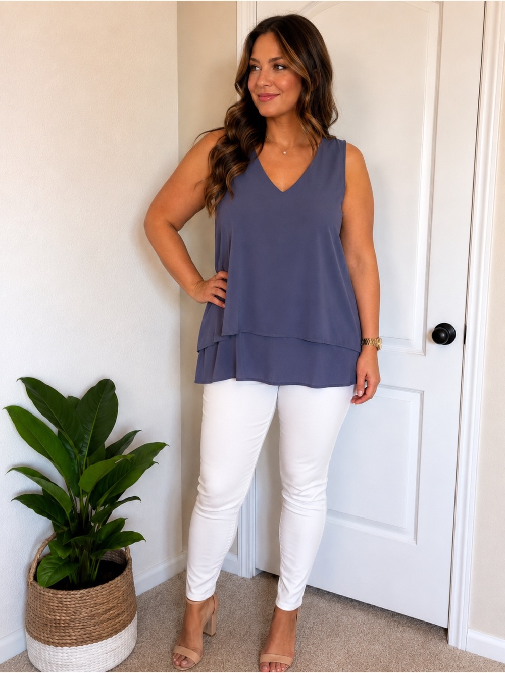 Michael Kors Double-Layer V-Neck Camisole in Slate Blue